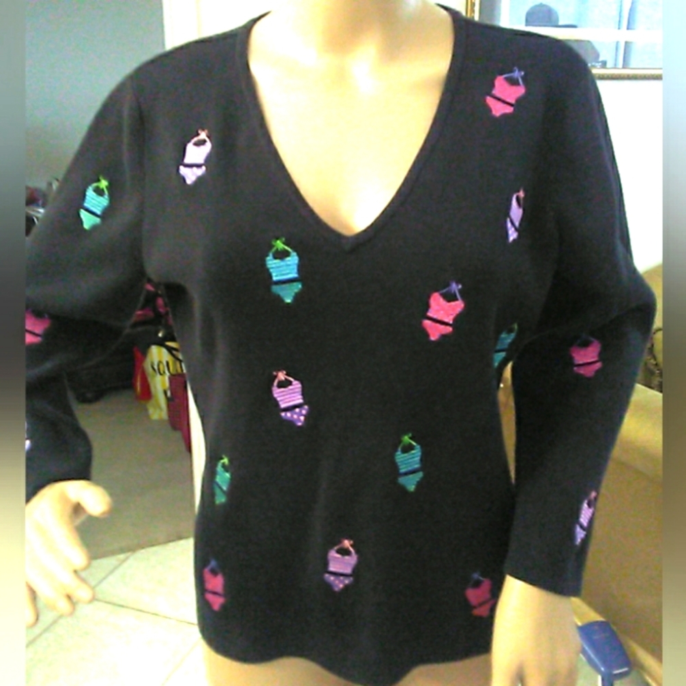 VINTAGE Women's Black Sweater W Colorful EMBROIDERED BIKINIS SZ.XL BY Eagles Eye